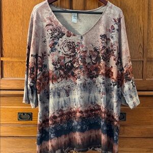 Catherines 3/4 Sleeve V-Neck Tunic Studded Embellished Flowers A-line